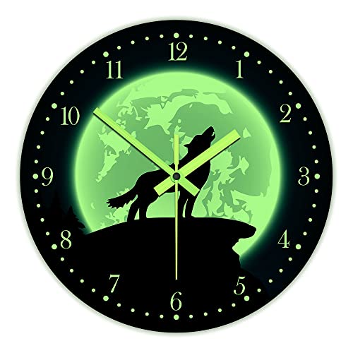 The Geeky Days Glow in The Dark Wall Clock, Howling Wolf with Moon 12inch Modern Luminous Silent Clock, Battery Operated Quartz Wildlife Animal Grey Wolf Acrylic Round Watch Man Cave Decor