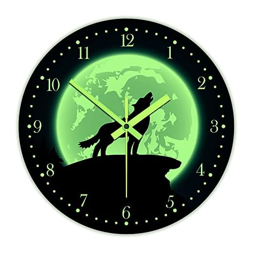The Geeky Days Glow in The Dark Wall Clock, Howling Wolf with Moon 12inch Modern Luminous Silent Clock, Battery Operated Quartz Wildlife Animal Grey Wolf Acrylic Round Watch Man Cave Decor