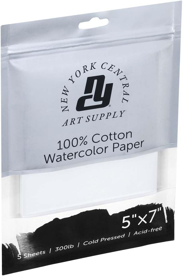 New York Central Watercolor Paper - 5x7-5 Packs of 5-25 Sheets Total - 300 lb. Cold Press - 100% Cotton, Acid-Free, Archival Quality, Bright White Watercolor Paper Pad for Wet & Dry Media