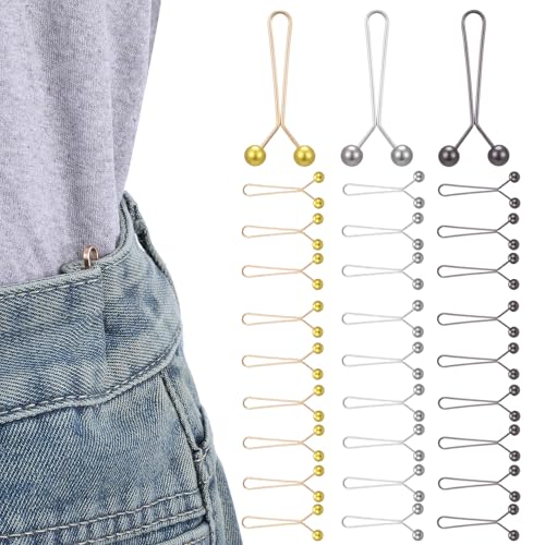 Tucnoeu 30pcs Pant Waist Tightener Metal Clips for Loose Jeans Reusable Waist Cincher Clip Adjustable Pant Clips for Waists Tightener No Sewing Required (Gold Silver Gunmetal)