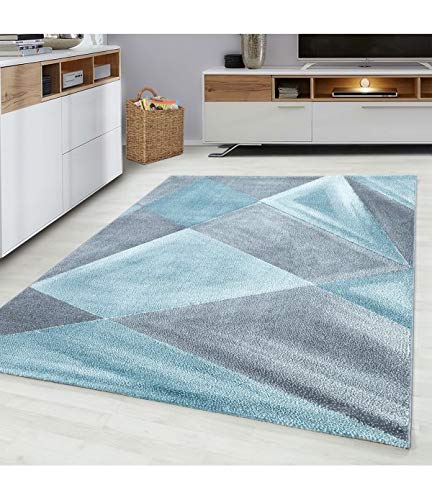 Tapis géométrique salon 200x290 cm bleu gris pour espace familial