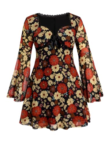 Image of BEAUDRM Women's Y2k Hippie Vintage Boho Dress Leopard Bell Long Sleeve V Neck Bow Mesh Goth Mini Dresses