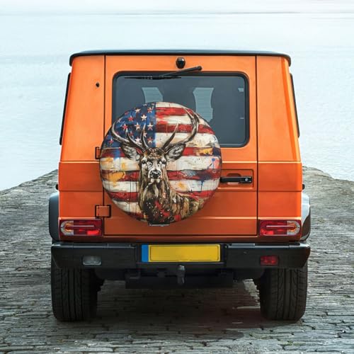 Image of Deer with American Flag Spare Tire Cover Wheel Protectors Weatherproof Deer Pattern Wheel Covers Universal Fit for Trailer RV SUV Truck Camper Travel Trailers Accessories 15 Inch