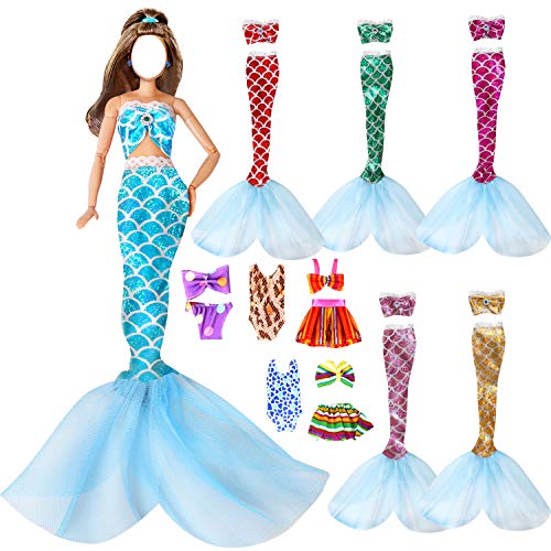 11.5 Inch Doll Clothes - Fashion Barbi Doll Clothes Dresses for Girls - 11 Pcs Dolls Swimsuit Mermaid Barbi Clothes and Accessories with Mermaid Tail Bikini Top Swimwear for 11.5 Inch Dolls Girl Gifts