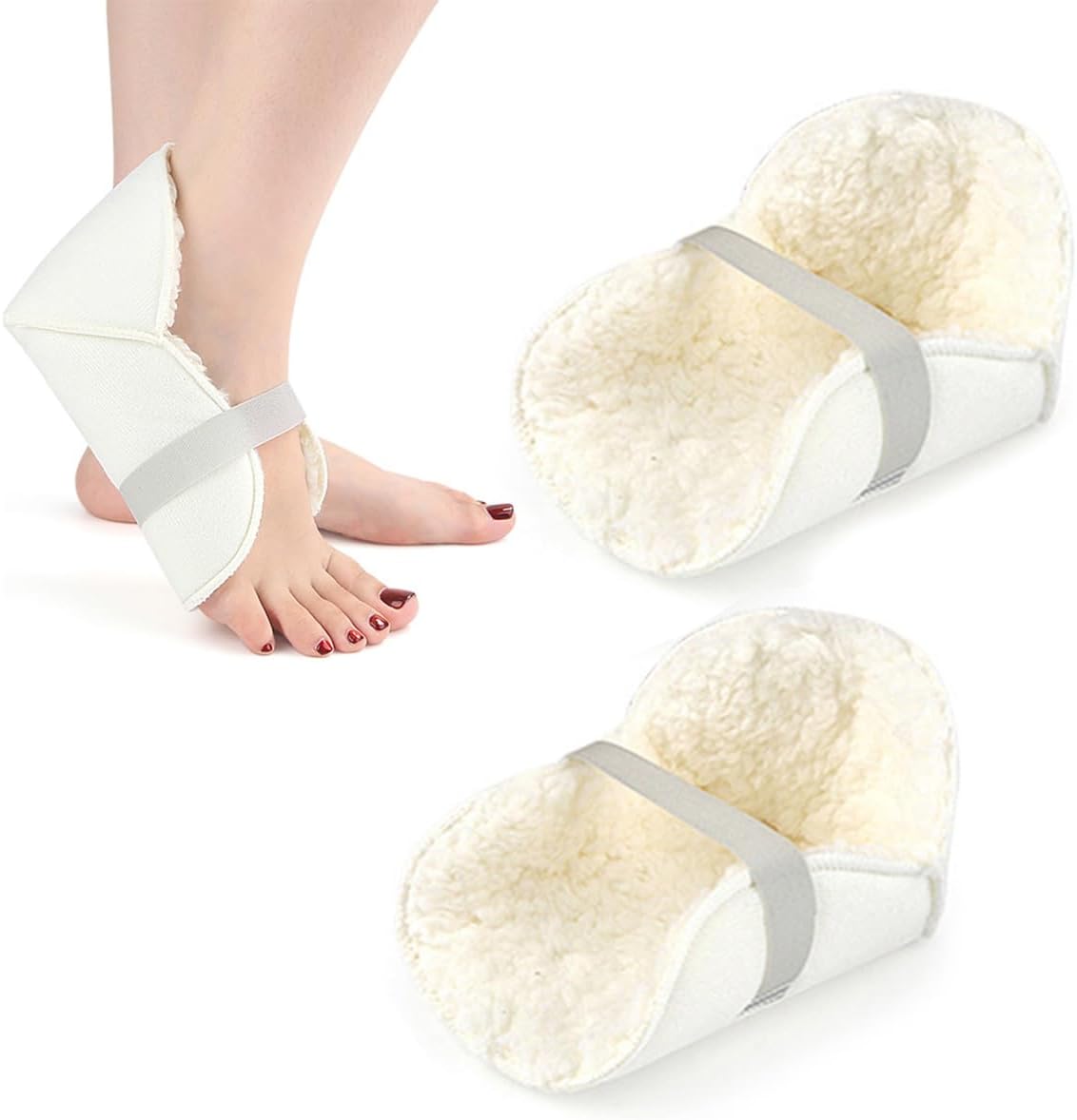 Heel Protector for Pressure Sores, 1 Pair Thermal Velvet Heel Cushion Elbow Pads with Adjustable Strap, Soft Foot Pillow for Bed Sores Elbow/Foot Pain Surgery Recovery, White
