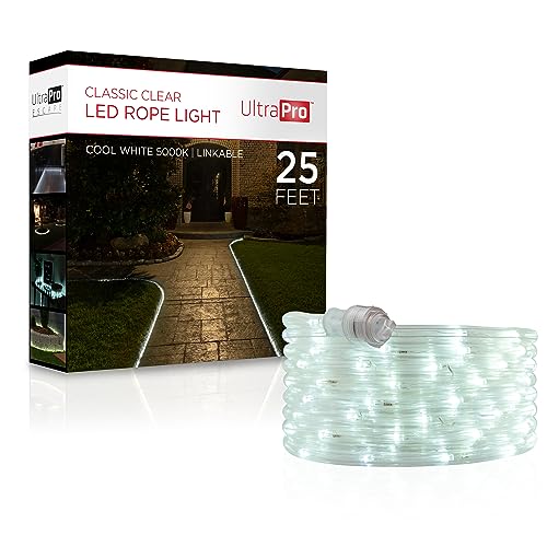 UltraPro LED Rope Lights, 25ft Classic Clear Rope, Cool White Light 5000K, Indoor/Outdoor, Flexible, Linkable, Durable, Rope Lights Outdoor, 54843