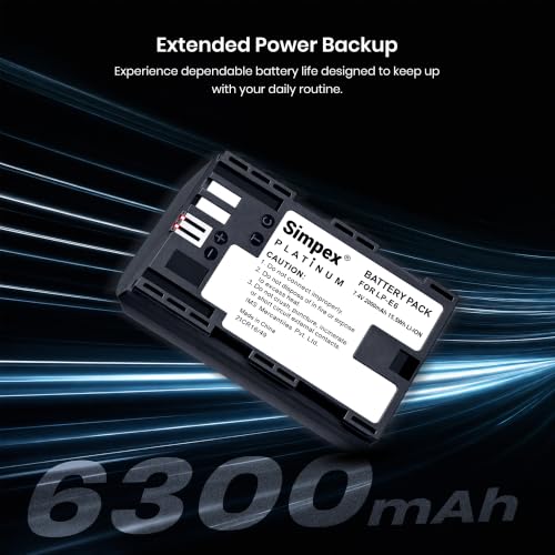 Image of Simpex LP-E6 Rechargeable Camera Battery 6300mAh Lithium-ion Replacement Battery Compatible with Canon EOS XC10, XC15, 60D, 70D, 80D, 5D Mark II /III /IV, 5DS, 5DS R, 6D, 6D Mark II & 7D Series(Black)