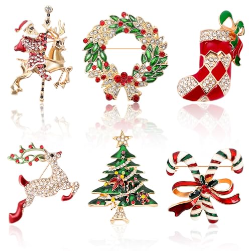 Image of 6Pcs Rhinestone Christmas Pins and Brooches for Women