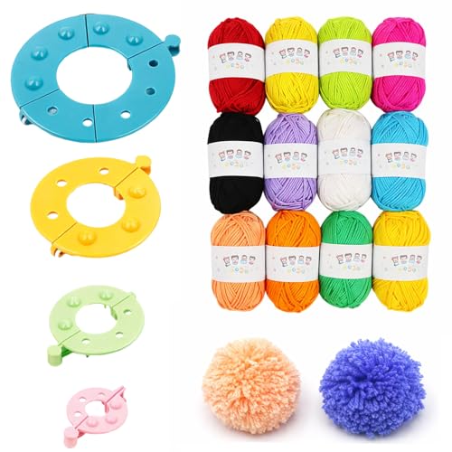 Pompon, Pompom Loisir Creatif, Outil pour Activités Parent-Enfant, Création de Cadeaux Personnalisés, 4 Tailles avec Fil à 12 Couleurs