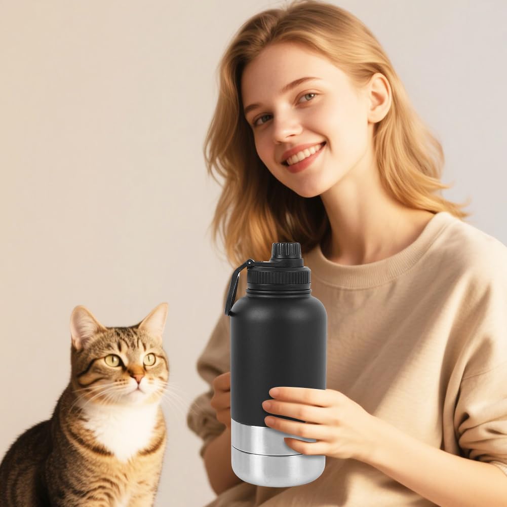 Gourde pour chien - Pour les déplacements - 950 ml - 4 en 1 - Avec gamelle d'eau et gamelle - Bouteille d'eau isolée en acier inoxydable - Sans BPA - Accessoire pour chien - Pour voyage, randonnée