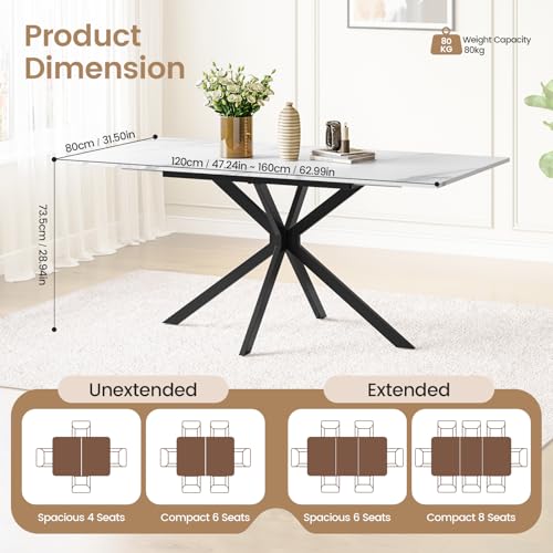 Luxstein Extendable Dining Table,120-160 cm Marble Effect Rectangular Kitchen Table for Dining Room, Kitchen,Restaurant