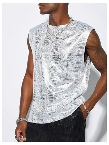 Men's Metallic Tank Top Crew Neck Sleeveless Club Party Going Out T Shirt Tops Crocodile-Pattern Streetwear Vest3
