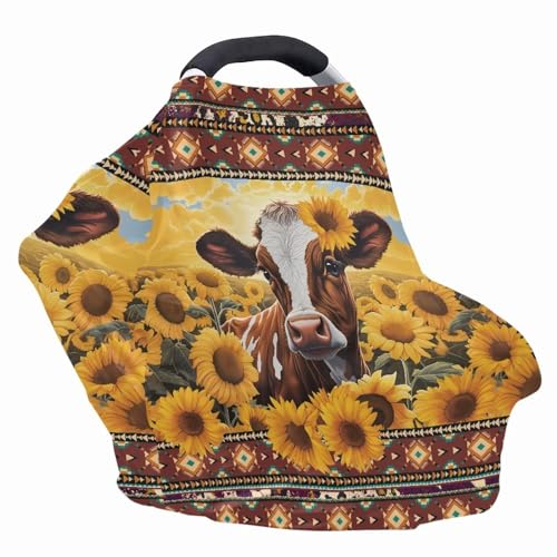 Image of Cow Sunflower Car Seat Covers Dust Cover Decorative Washable Stroller Canopy Covers Lightweight Windproof Stretchy Car Seat Canopy Cover Easy Cleaning