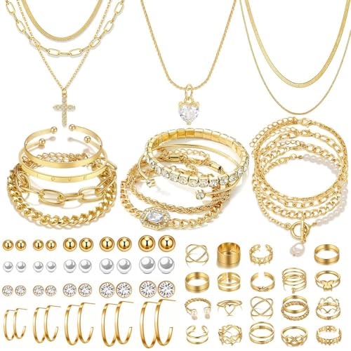 Image of 57pcs Gold Jewelry Set With 3 PCS Necklace, 12 PCS Bracelet,20pcs Hoop Stud Earrings,22pcs rings set For Women For Birthday Gifts