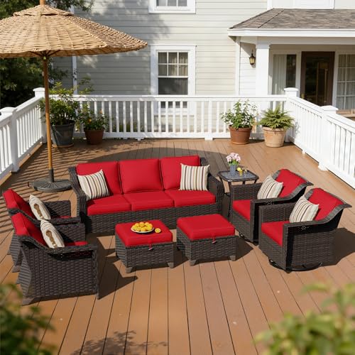 Image of 8 Piece Patio Furniture Set, Wicker Outdoor Conversation Set | Patio Chair Set with Olefin Removable Cushion, All-Weather Outdoor Couch with Deep Seat for Porch, Deck and Backyard, Red