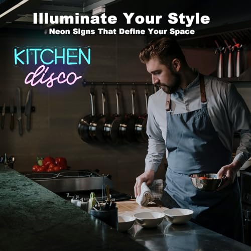 Image of JURONG Kitchen Disco Neon Signs for Wall Decor, Dimmable LED Neon Light USB Powered Light Up Signs for Home, Canteen, Restaurant, Cooking Room Party, Kitchen Decor Gift