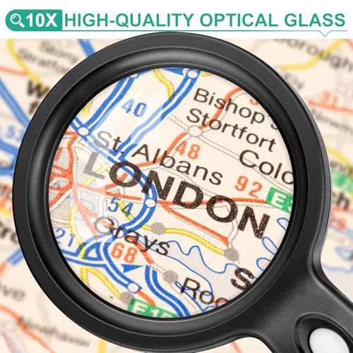 10X Handheld Magnifying Glass with Light, Real Glass Magnifier & 12 Ultra Bright LEDs for Seniors Reading, Portable Lighted Magnifier for Close Work - Thumbnail 2