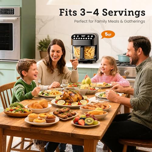 Image of Kismile 5QT Glass Air Fryer, Non Toxic AirFryer with Digital Touch Control | BPA-Free, 1500W, Portable, Dishwasher Safe Basket, Up to 400F, 95% Less Oil Cooking, Black