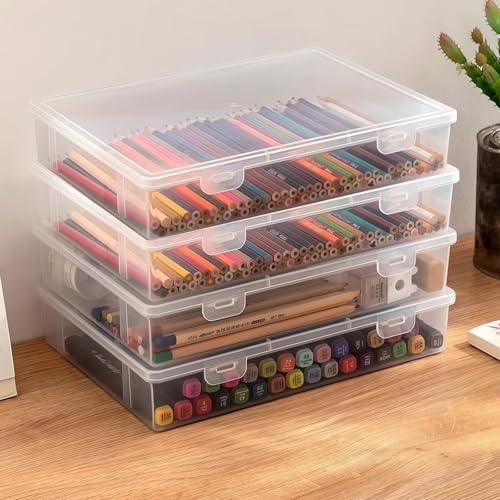 MHwan Cajas Almacenaje Plastico, 4 Piezas Cajas de Plastico con Tapa Apilables, Resistentes y Duraderas, Sin BPA, para Material de Oficina, Manualidades, Piezas, Fotos (23 x 17 x 5 cm)