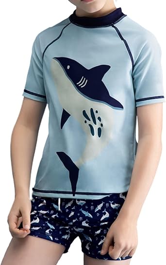 طفل صغير الأولاد Blue Rash Guard يضع ملابس السباحة الحوت كم قصير قطعتين ملابس السباحة بدلة الحماية من الشمس
