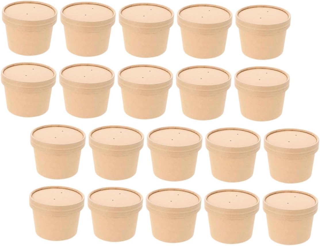 SOLUSTRE Disposable Kraft Paper Ice Cream Cups with Lids 8oz Thickened round Dessert Bowls for Soup and Yogurt Takeout Containers 50pcs Food Storage