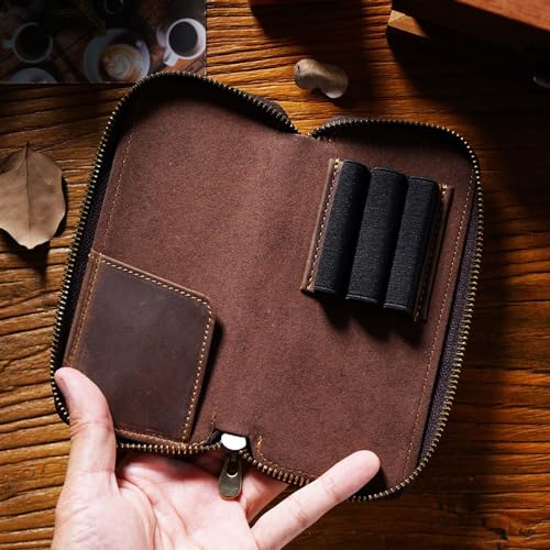 DONGKER Leather Pencil Pouch Case,Zippered Pen Pencil Stationery Bag with 3 Elastic Rope Pen Places& 1 Card Clip for Office - Image 3