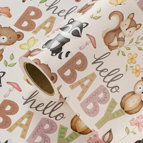 WRAPAHOLIC 30 Inch Baby Shower Wrapping Paper Roll - 30 Inch x 33 Feet - Little Woodland Animal Wrapping Paper for Baby Shower, Kids Girls Boys Birthday