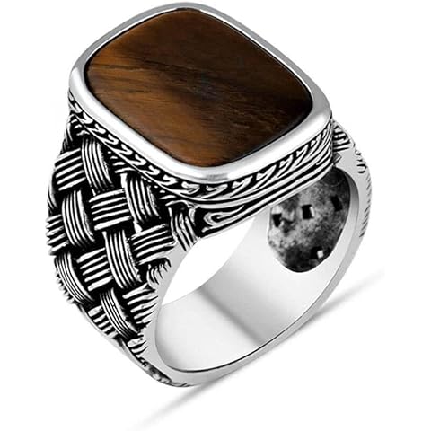 SOHO SILVERS Tiger Eye Stone Silver Mens Ring, Ottoman Sterling Silver Ring for Men, Handmade Ring Made in Turkey, Class Ring Gift for him (603587 | P Cover