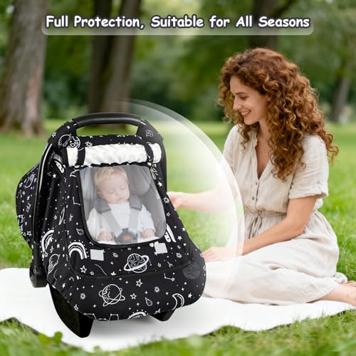Image of Winter Car Seat Cover Baby with Sunshade & Dual Zipper Windows - Minky Bubble Lined Windproof Soft Shell, Warm Newborn Car Seat Canopy Covers, Elastic Bottom for Stroller & Infant Car Seat, Space