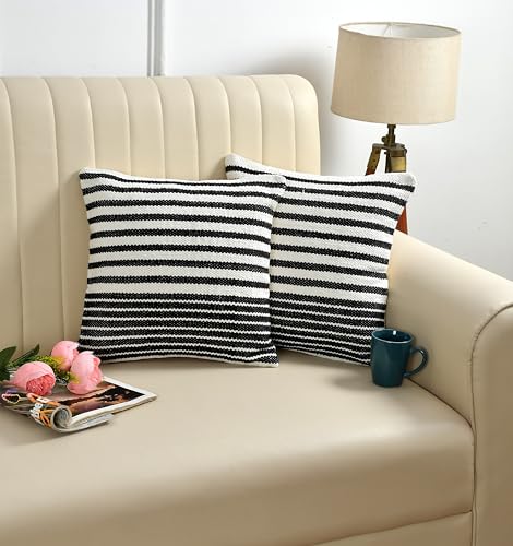 Image of TIB Premium Boho Decorative Throw Cushion Covers, 16 x 16 cm, Set of 2, Cotton. (Black Stripes)