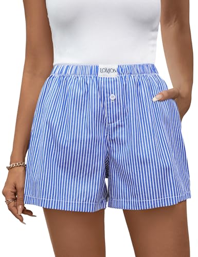 Image of LOMON Boxer Shorts for Women Summer Gingham Pajamas 2026 Lounge Sleep Pj Plaid Shorts Y2K Beach Bottoms with Pockets