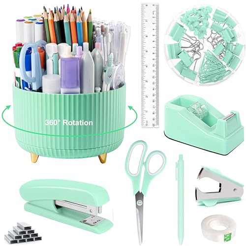 Kit Fournitures Bureau Vert - Agrafeuse, Ciseaux, Trombones - Ensemble Complet Organisé