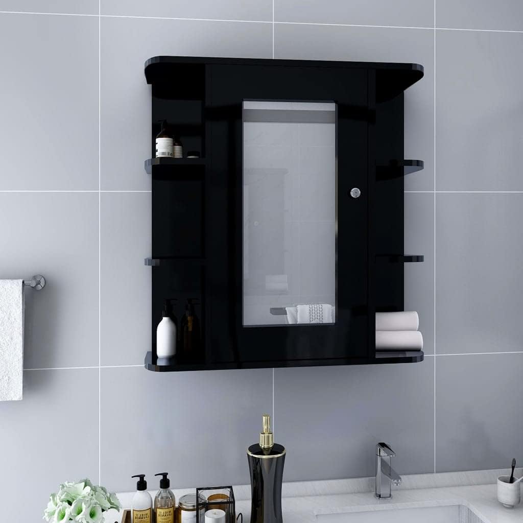 Modern Wall Mounted Bathroom Mirror Cabinet with Matte Black Finish and Glass Door, 8 Compartments Storage for Toiletries, Durable MDF Construction with Melamine Coating,