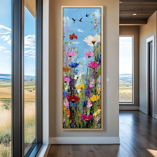 Tableau sur toile verticale fleurs XINBAO cadre 65x195cm