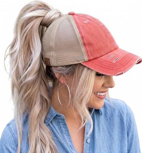 Funky Junque Funny Ponytail Hat for Women Criss Cross Messy Bun Ball Cap Adjustable Distressed - Beige Mesh - Coral (Distressed)