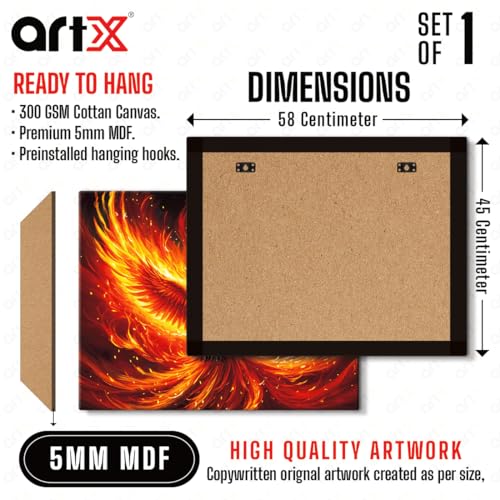 Image of ArtX Canvas Phoenix Bird Picture As Per Vastu, Big Size Wall Art, Rising Phoenix Painting, Wall Decor, Multicolor, Nature, 58.0 X 45.0 cm, Set of 1