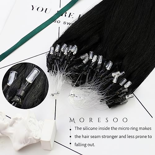 Moresoo Micro Ring Hair Extensions Black Microloop Hair Extensions Real Human Hair Jet Black Micro Beads Hair Extensions 1g/s 50g/Pack 22 Inch #1 - Image 2