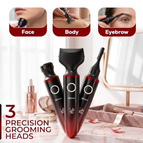 Image of Brago Aura All-in-One Trimmer for Women | Face, Body & Bikini | Painless Hair Remover for Women | Eyebrow, Upper Lip, Underarm & Leg Trimmer | 3 Grooming Heads | LCD Display | Type-C Fast Charging | Waterproof