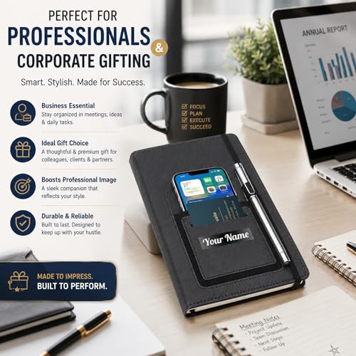 Image of Personalised Name PRINT | A5 Executive Notebook Diary with Mobile Holder, Card Slot & Pen Loop | Premium PU Leather Journal for Office, Meetings & Corporate Gifting | Office Diary & notebook