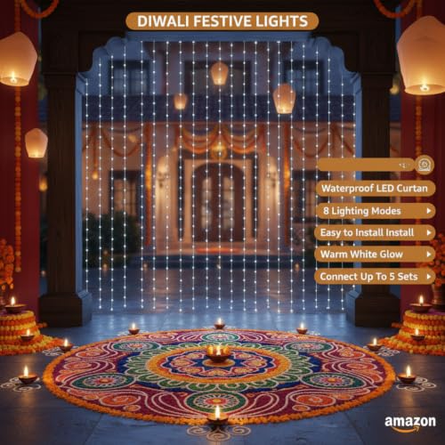 Image of MIRADH 180 LED 9.8 Feet Window Curtain String Light Wedding Party Home Garden Bedroom Outdoor Indoor Wall Decorations, Diwali Lights for Decoration (White Led Curtain 3M x 3M)