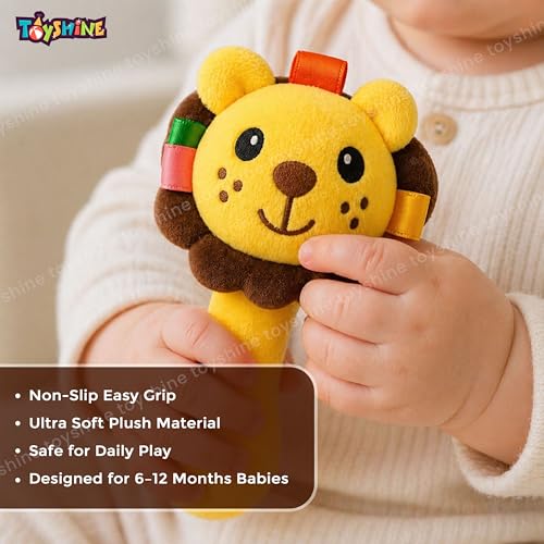Image of Toyshine Pack of 3 Cute Animal Face Baby Hand Rattles Safe Lightweight and Easy to Hold Soft Stuffed Handy Rattles for Babies Infant Toddlers 6-12 Months - Loin