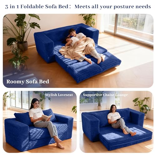 Image of HABUTWAY 62 inch Small Boneless Couch,3-in-1 Convertible Folding Sofa Bed, Corduroy Loveseat Sofa Bed w /2 Pillows for Living Room /Guest Room No Assembly Required, Blue