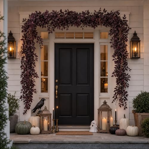 Image of Neutral Fall Garland for Mantle Fireplace - 12 Ft Plum Cimicifuga Seeded Leaf Garlands Purple Autumn Decor Table Decorations for Home Indoor Door Halloween Realistic Leaves Garlands Outdoor