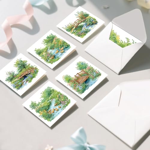 Image of AiYuanzsh 6 Pack Garden Landscape Diamond Painting Greeting Card Kits with Envelopes, 5D DIY Diamond Art Cards for Adults, Handmade Card Craft Kit for Holiday Birthday Wishes (30x15cm)