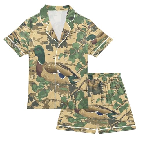 Satin Pajama Sets Short Sleeve Ducks Swimming Among Greenery Button Down Silky Nightwear 2 Piece PJS 5-14Y
