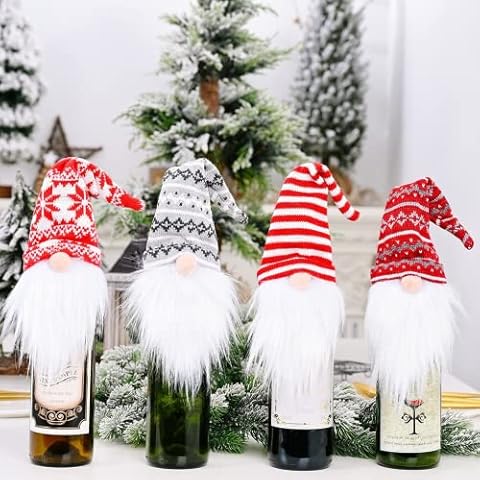KEAIDO 4 Pcs Christmas Decorations Wine Bottle Covers, Red Grey Ugly Sweater Gnomes Wine Bottle Toppers, Winter Stripe Elf New Year Gift Bag for Holiday Home Party Festival Wedding Bar Ornaments Cover