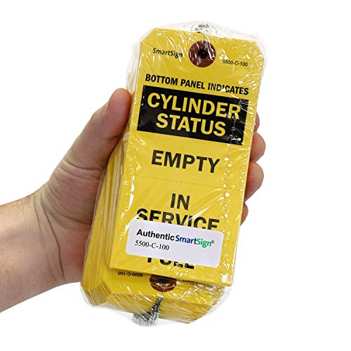 SmartSign (Pack of 100) 5.75 x 2.875 inch “Cylinder Status - Empty, in Service, Full” 3-Part Perforated Tags with Pre-Attached Wires, 13 Point Cardstock, Black and Yellow