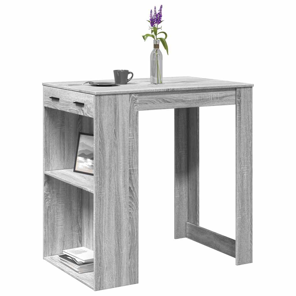 Mesa de bar gris Sonoma 102 x 70 x 103,5 cm de madera con 2 estantes y 1 cajón para espacio de almacenamiento, ideal para cocina, salón, comedor, material duradero