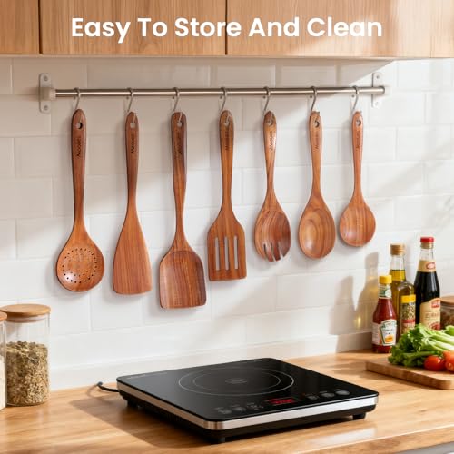 Wooden Spoons for Cooking - 9 Pcs Teak Wooden Spoon Kitchen Utensils Set, Nature Wood Nonstick Kitchen Cookware Durable, Non-Scratch, Heat Resistant, Comfortable Grip - Image 6