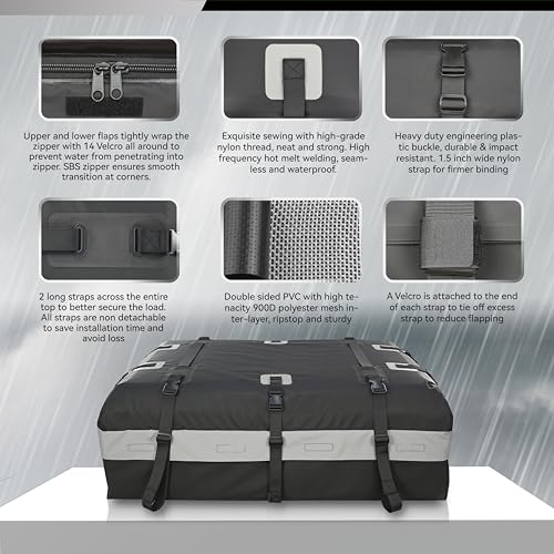MARCHWAY Waterproof Car Roof Luggage Bag, Weatherproof Soft Shell Rooftop Cargo Carrier Bag for Vehicles with or without Rack, 4+2 Door Hooks Included (Black, 15 Cubic Feet)